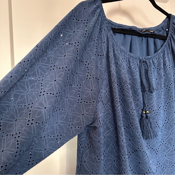 Rafaella Navy Drawstring Neck Eyelet Top - Picture 5 of 9